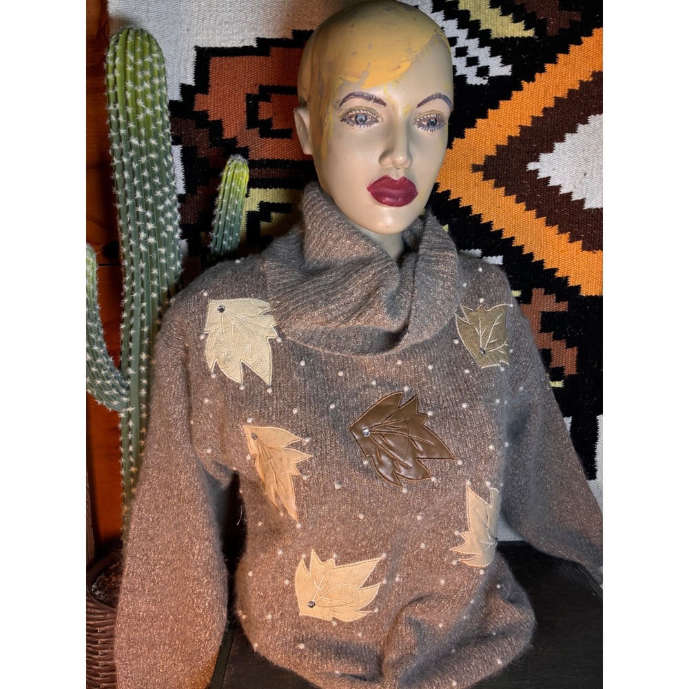 Private Party Sweater Women M Brown Excellent Silk Angora Leaf Pearl Cowl Neck